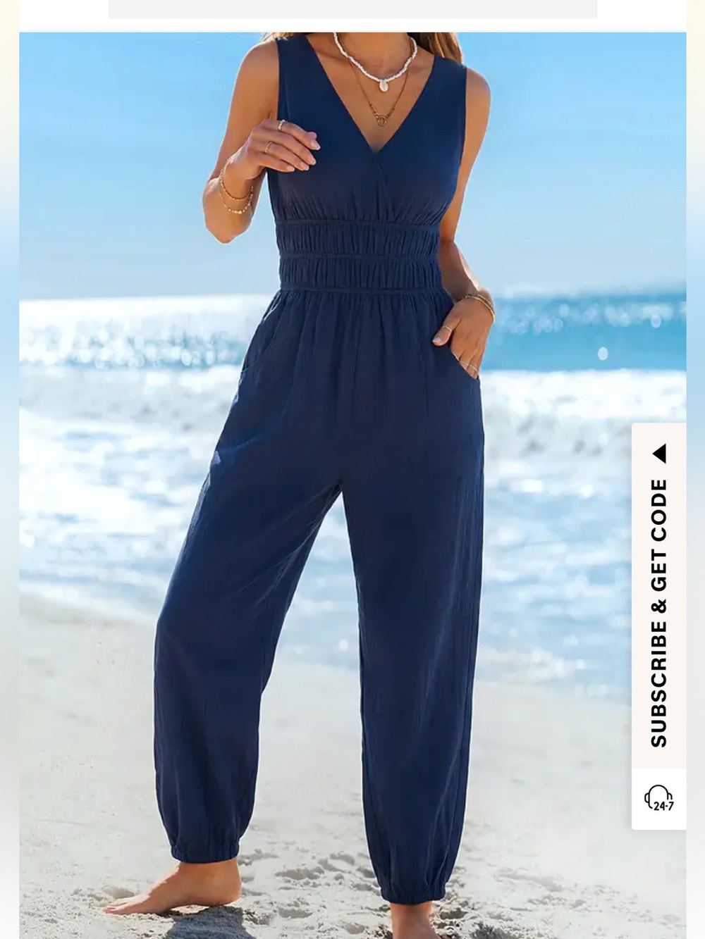 Navy V-Neck Smocked-Waist Jumpsuit with Pockets